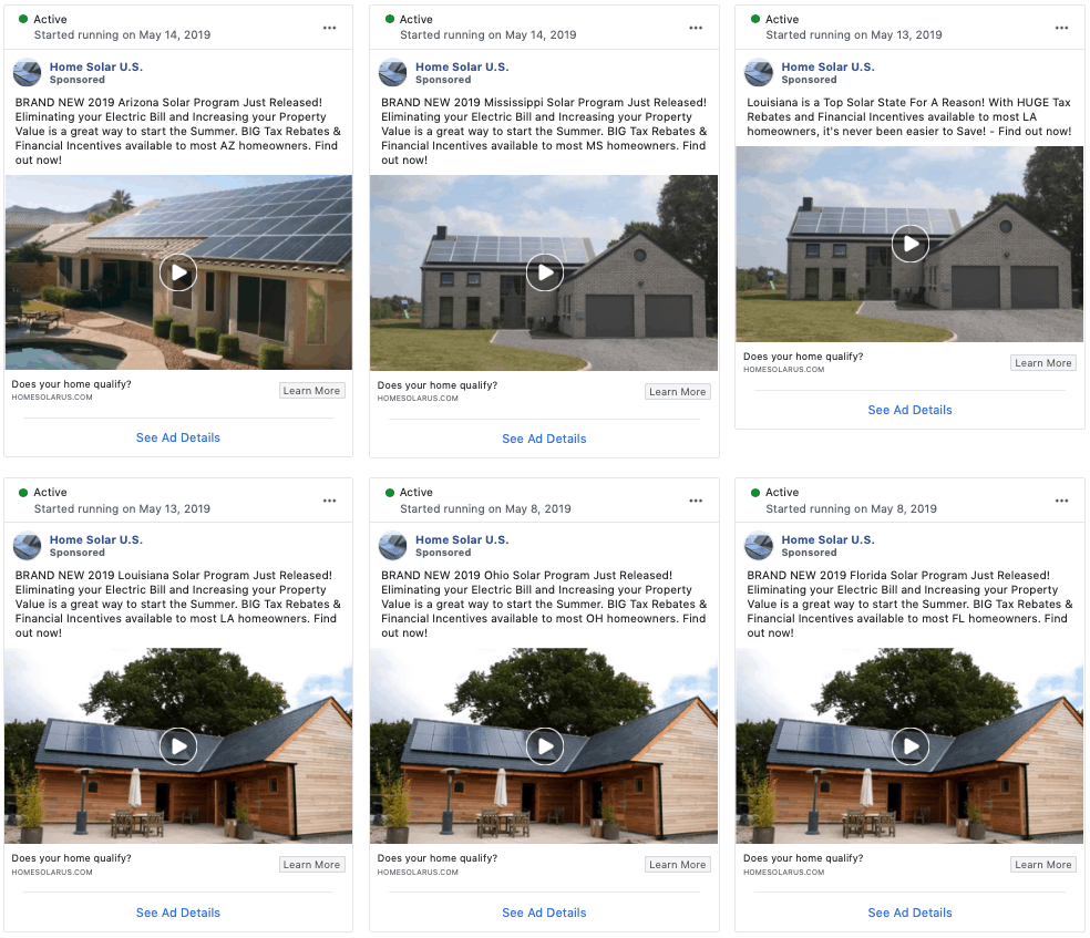 Solar lead aggregator's Facebook ads