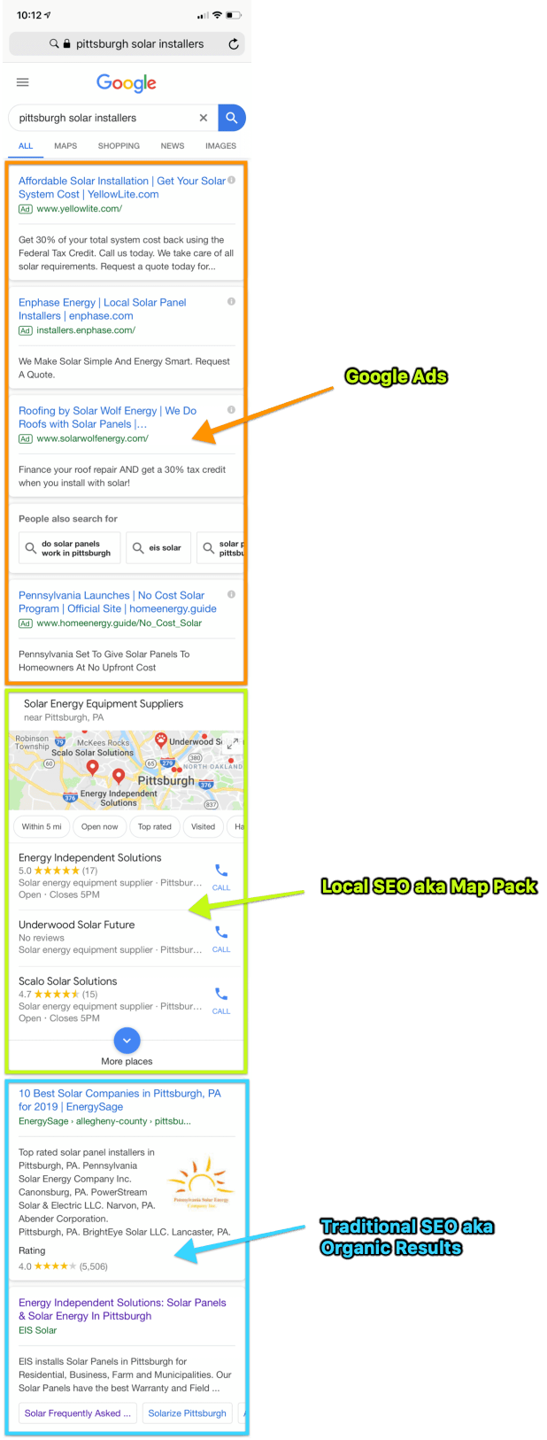 Pittsburgh solar installers mobile search results (annotated)